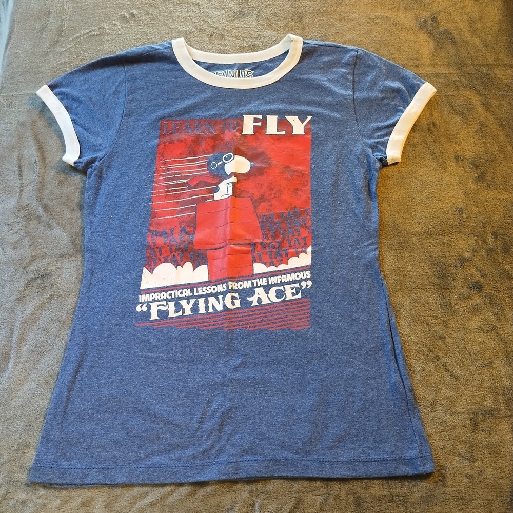 Peanuts Snoopy Flying Ace  T-Shirt Blue Justin White Women's LG Retro VTG Style
